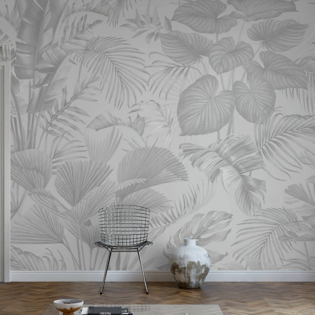Fototapet alb-negru cu frunze tropicale