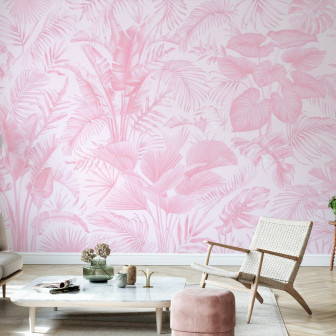 Fototapet cu frunze tropicale roz în living