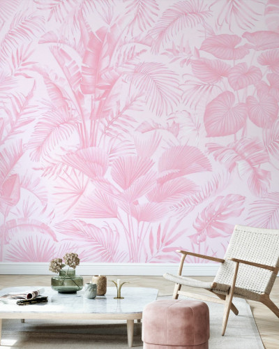 Fototapet cu frunze tropicale roz în living