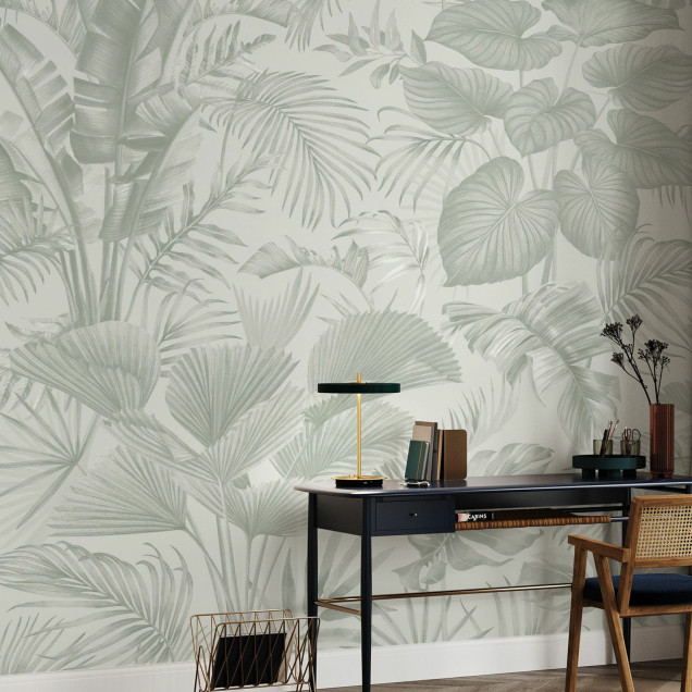 Fototapet cu design floral în nuanțe de verde într-un living modern