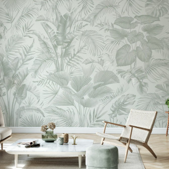 Fototapet cu design floral în nuanțe de verde într-un living modern