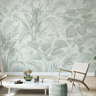 Fototapet cu design floral în nuanțe de verde într-un living modern