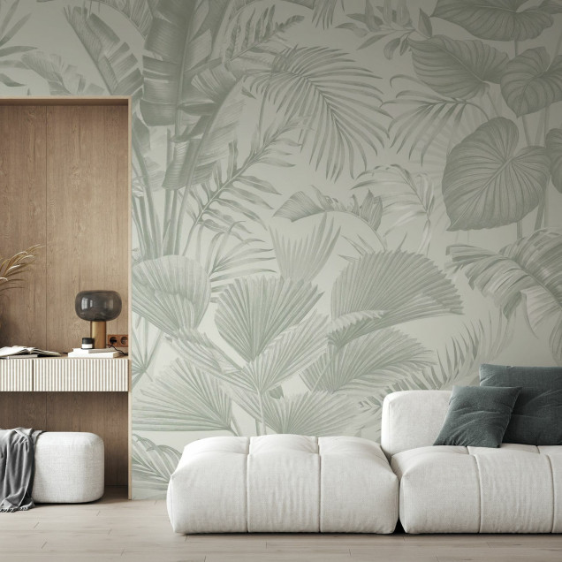 Fototapet cu design floral în nuanțe de verde într-un living modern