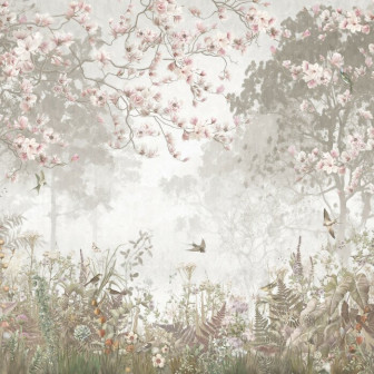 Fototapet bej cu design floral într-un interior elegant