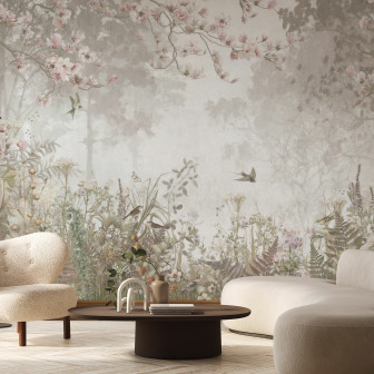 Fototapet bej cu design floral într-un interior elegant