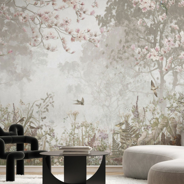 Fototapet bej cu design floral într-un interior elegant