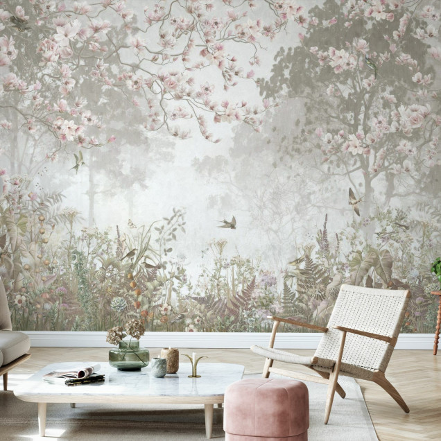 Fototapet bej cu design floral într-un interior elegant