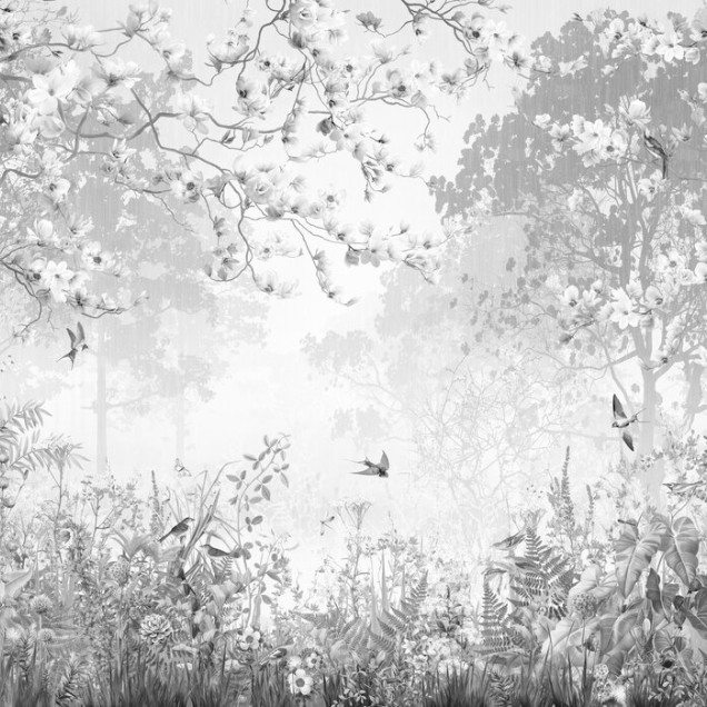 Fototapet cu grădină florală în nuanțe de gri