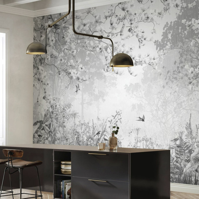 Fototapet cu grădină florală în nuanțe de gri
