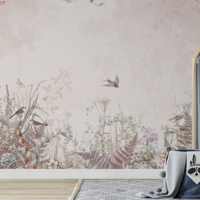 Fototapet cu design de grădină florală și păsări