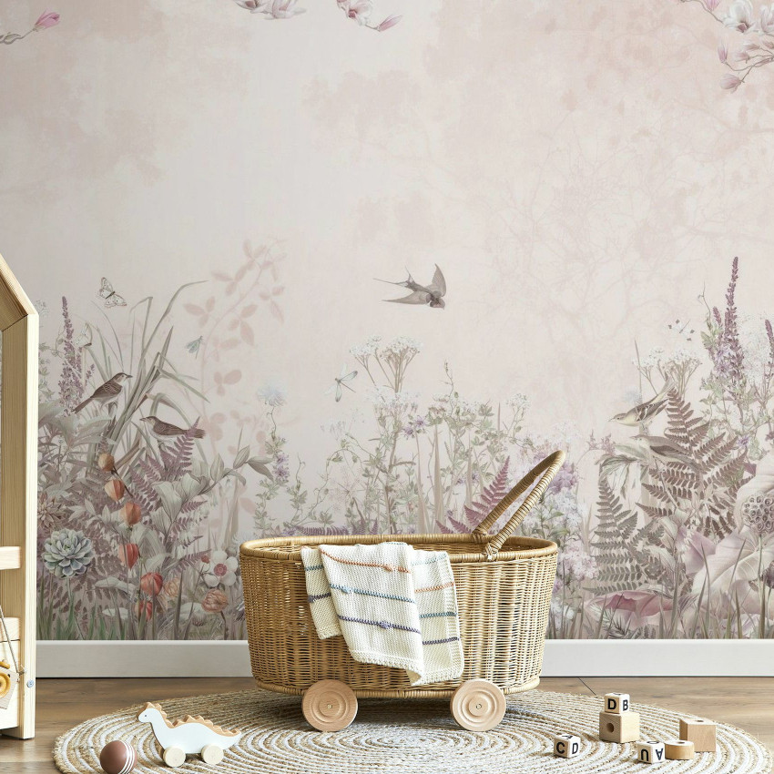 Fototapet cu design de grădină florală și păsări