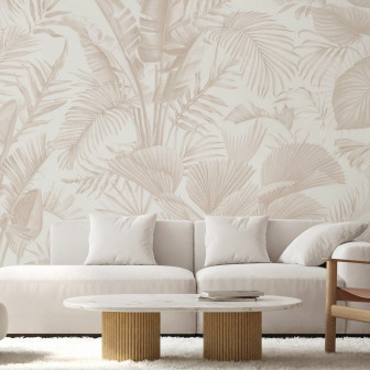 Fototapet bej cu frunze tropicale în living modern