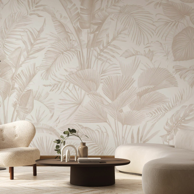 Fototapet bej cu frunze tropicale în living modern