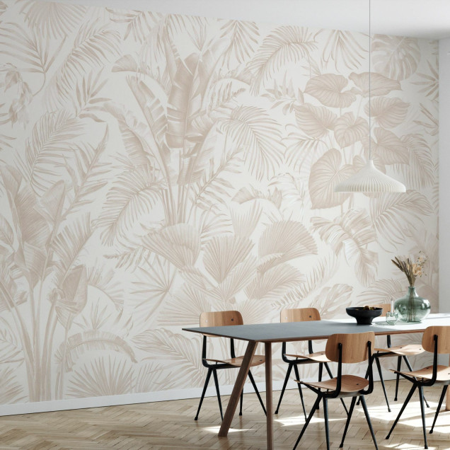 Fototapet bej cu frunze tropicale în living modern