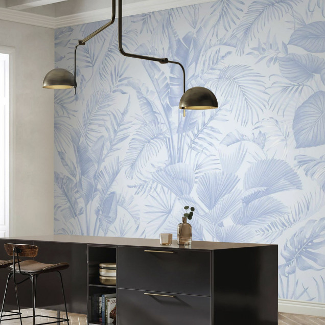 Fototapet cu model tropical albastru în interior modern