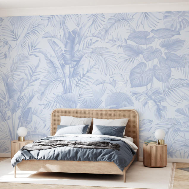 Fototapet cu model tropical albastru în interior modern