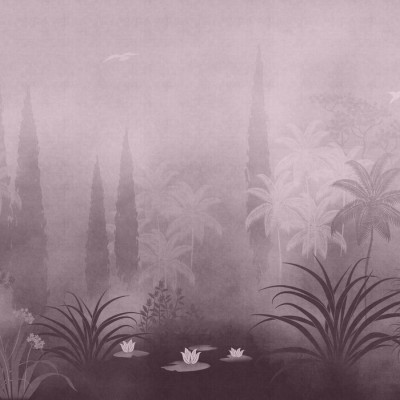 Fototapet cu design floral mov într-un dormitor