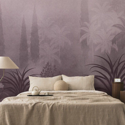 Fototapet cu design floral mov într-un dormitor