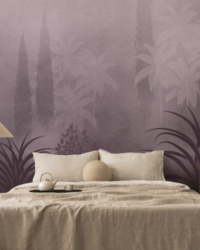 Fototapet cu design floral mov într-un dormitor