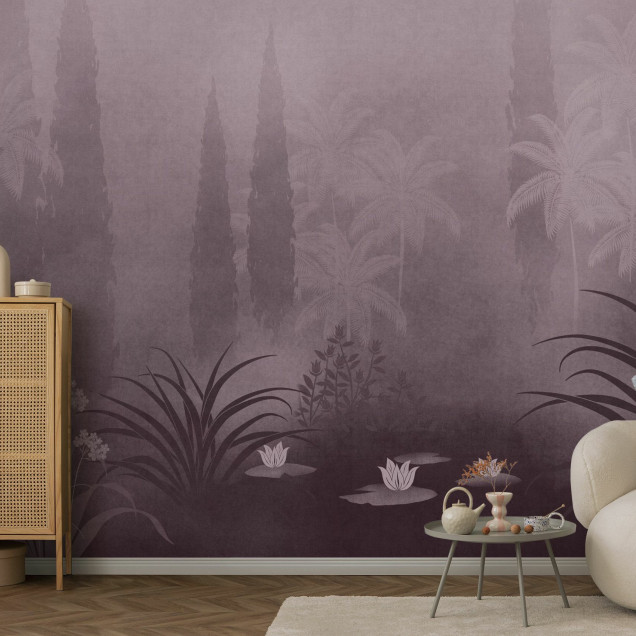 Fototapet cu design floral mov într-un dormitor