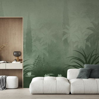 Fototapet tropical verde cu palmieri și vegetație luxuriantă