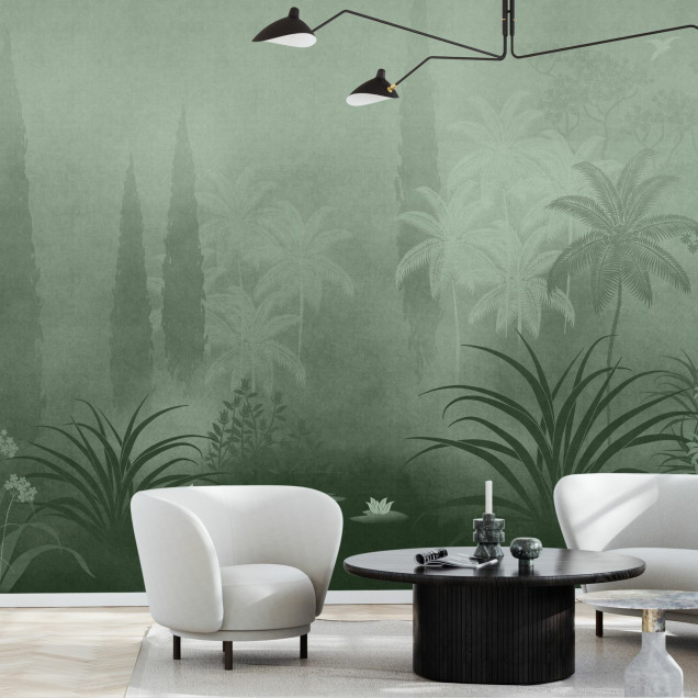 Fototapet tropical verde cu palmieri și vegetație luxuriantă