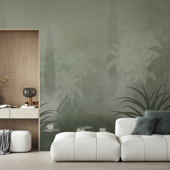 Fototapet verde salvie cu design floral și arbori stilizați într-un living modern