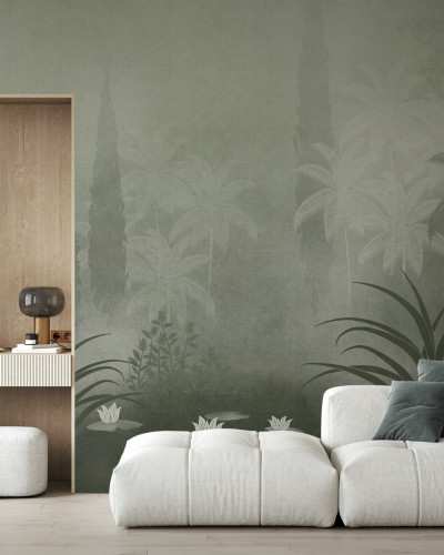 Fototapet verde salvie cu design floral și arbori stilizați într-un living modern