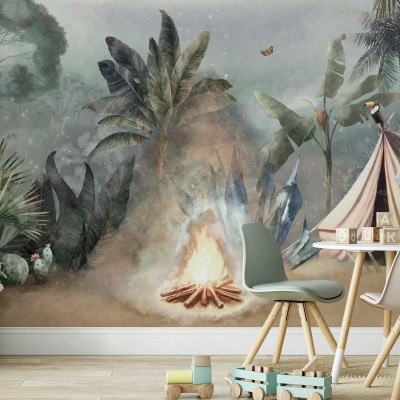 Fototapet cu design de camping în natură, ideal pentru camera copiilor