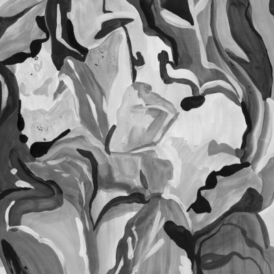 Fototapet abstract botanic în alb și negru într-un living modern