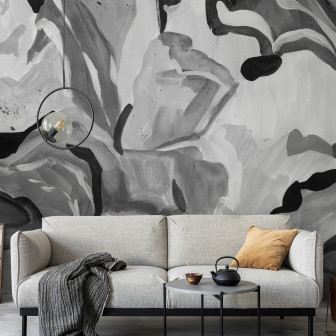 Fototapet abstract botanic în alb și negru într-un living modern
