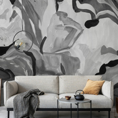 Fototapet abstract botanic în alb și negru într-un living modern