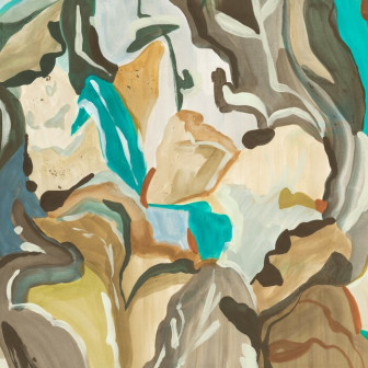 Fototapet abstract cu motive botanice multicolore într-un dormitor modern