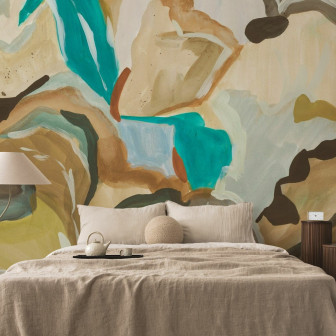 Fototapet abstract cu motive botanice multicolore într-un dormitor modern