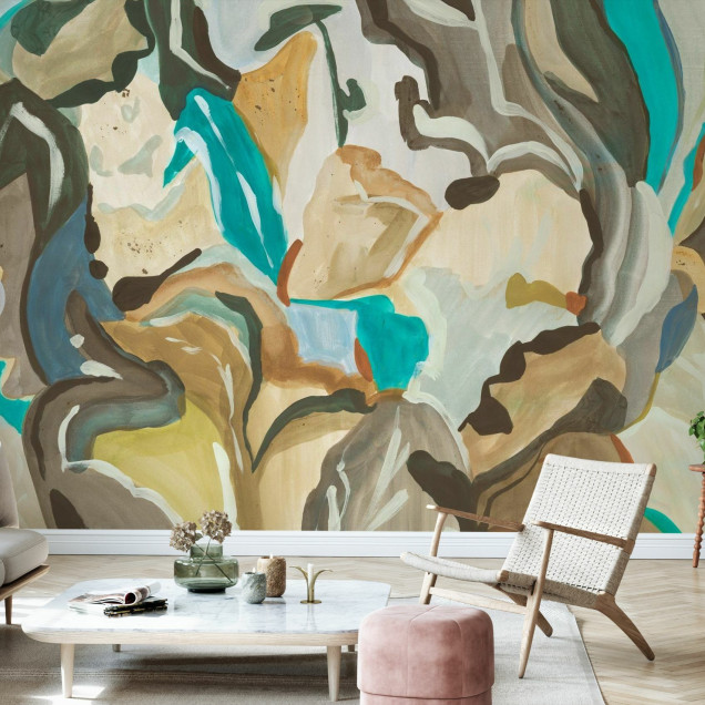Fototapet abstract cu motive botanice multicolore într-un dormitor modern
