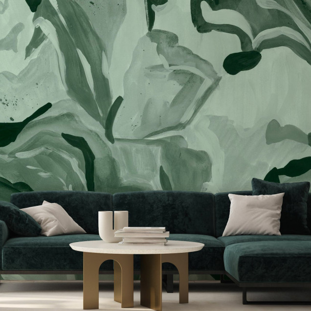 Fototapet cu design botanical abstract în nuanțe de verde