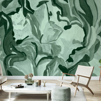 Fototapet cu design botanical abstract în nuanțe de verde