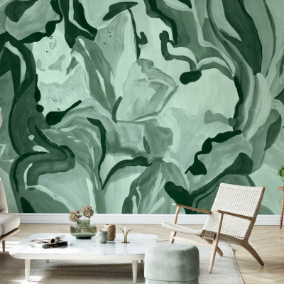 Fototapet cu design botanical abstract în nuanțe de verde