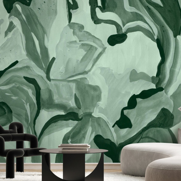Fototapet cu design botanical abstract în nuanțe de verde