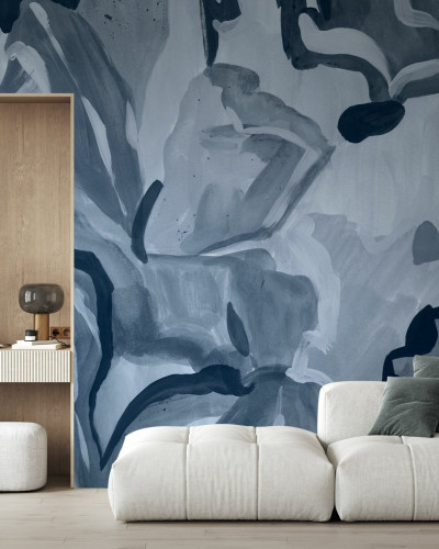 Fototapet abstract cu motive botanice în nuanțe de albastru