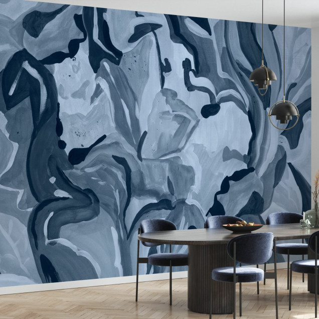 Fototapet abstract cu motive botanice în nuanțe de albastru