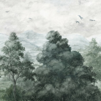 Birds and Trees in the Mountains - Dark Green, Photowall
