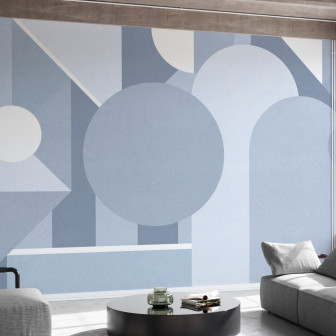 Fototapet cu model geometric albastru deschis într-un living modern