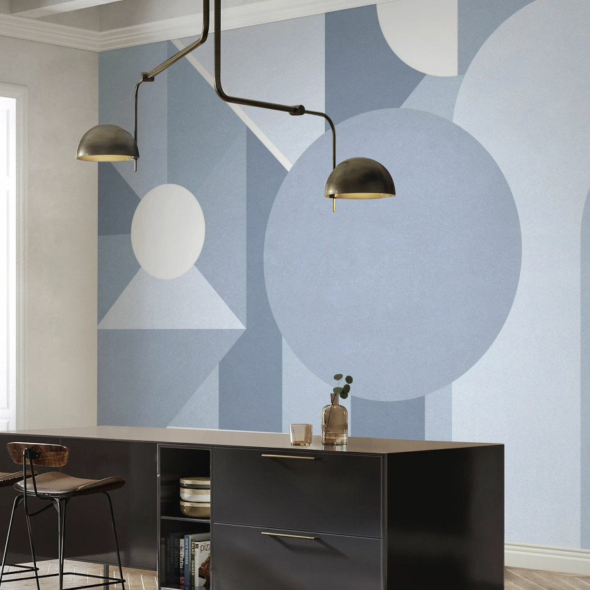 Fototapet cu model geometric în culori pastelate într-o bucătărie modernă