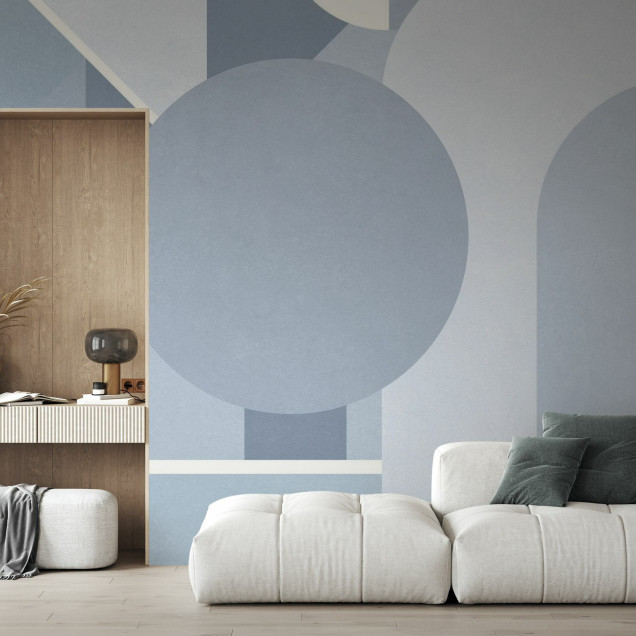 Fototapet cu model geometric albastru deschis într-un living modern