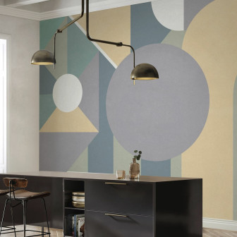 Fototapet cu model geometric în culori pastelate într-o bucătărie modernă