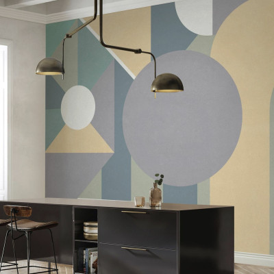 Fototapet cu model geometric în culori pastelate într-o bucătărie modernă