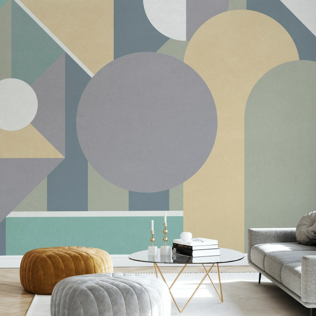 Fototapet cu model geometric în culori pastelate într-o bucătărie modernă
