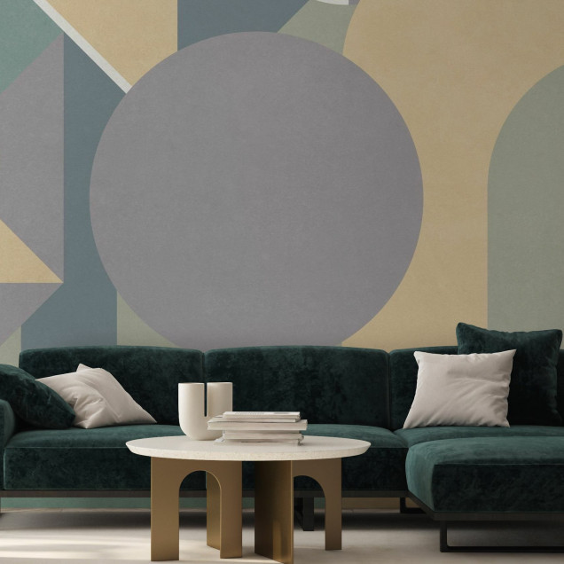 Fototapet cu model geometric în culori pastelate într-o bucătărie modernă
