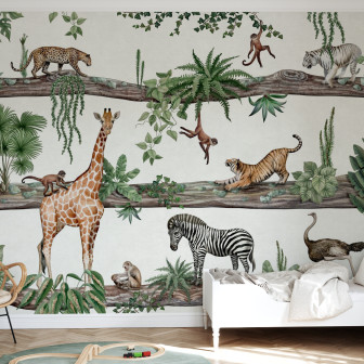 Fototapet cu animale sălbatice într-un decor de junglă